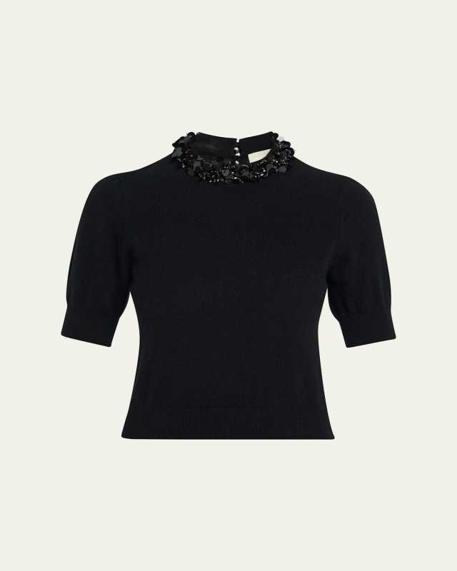 Liv Embroidered Short-Sleeve Cashmere Sweater